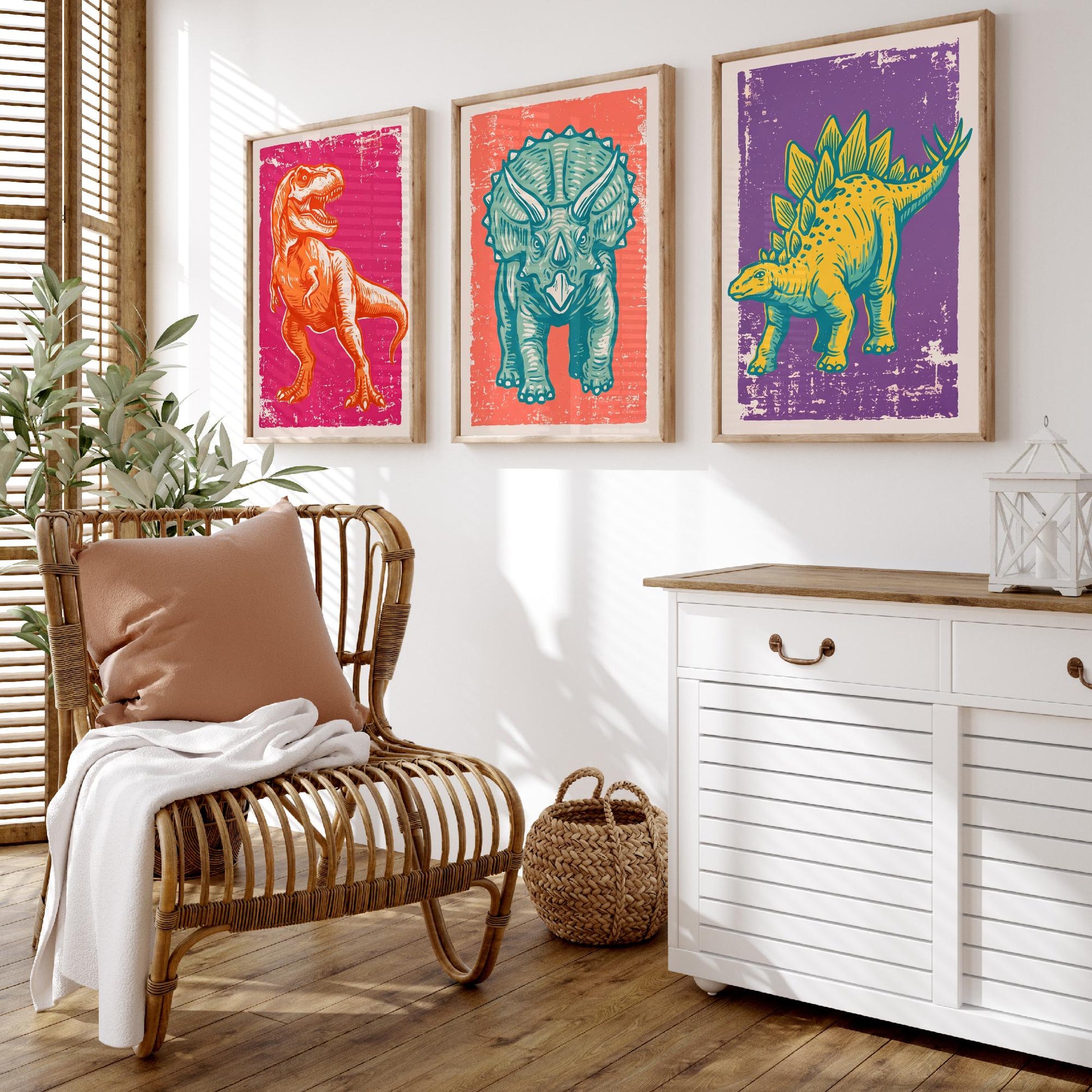 T-Rex, Triceratops & Stegosaurus - Set of Three Dinosaur Art Prints - Linocut Illustrations - Dino Posters V1