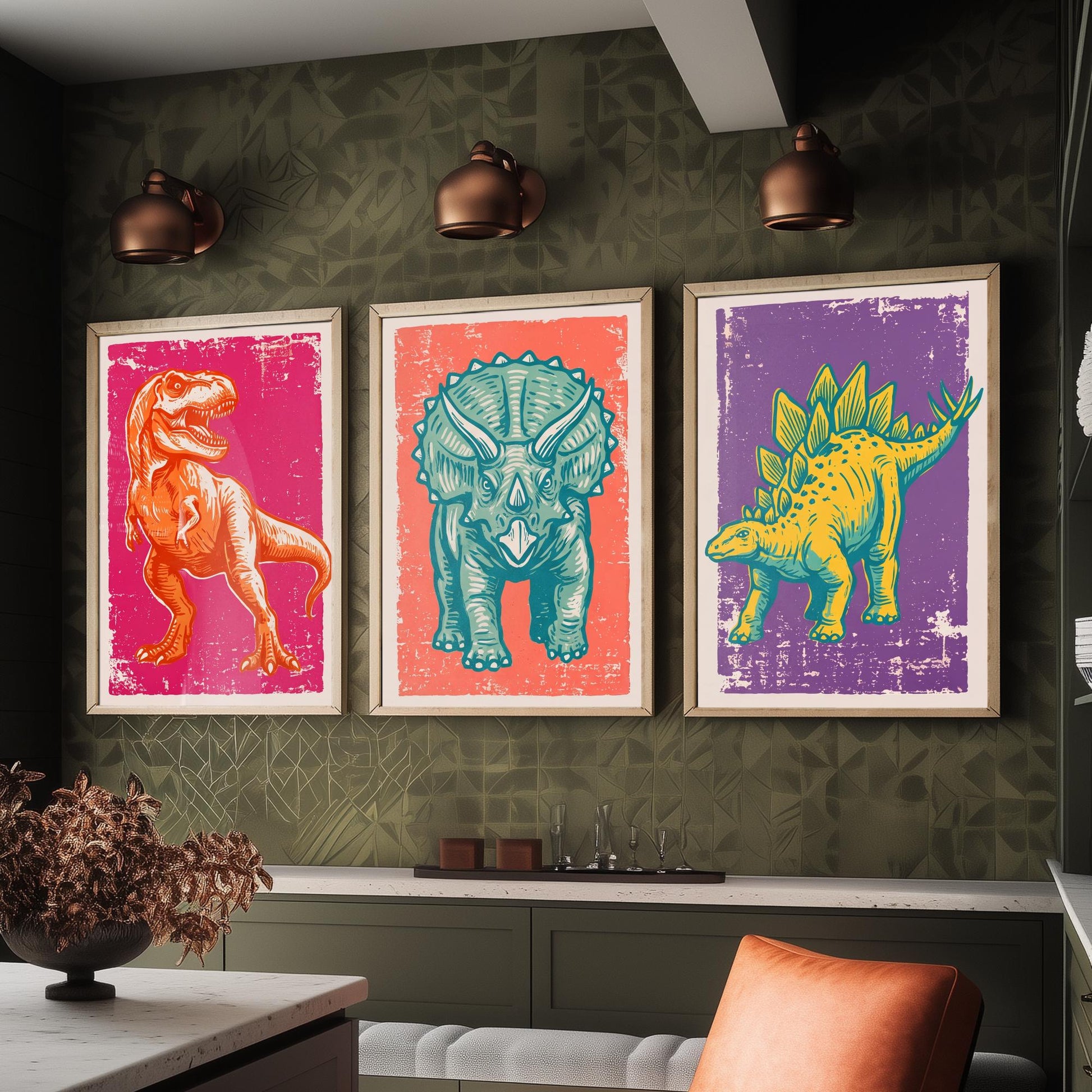 T-Rex, Triceratops & Stegosaurus - Set of Three Dinosaur Art Prints - Linocut Illustrations - Dino Posters V1
