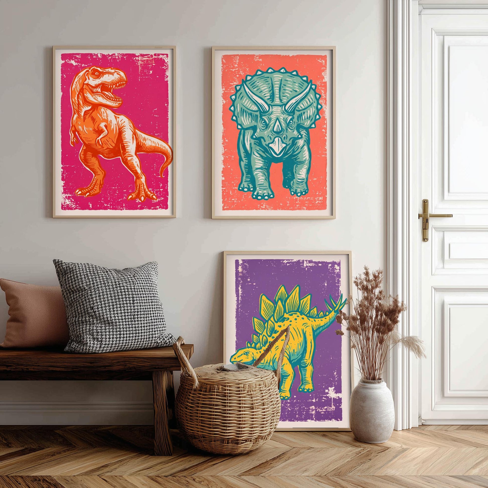 T-Rex, Triceratops & Stegosaurus - Set of Three Dinosaur Art Prints - Linocut Illustrations - Dino Posters V1