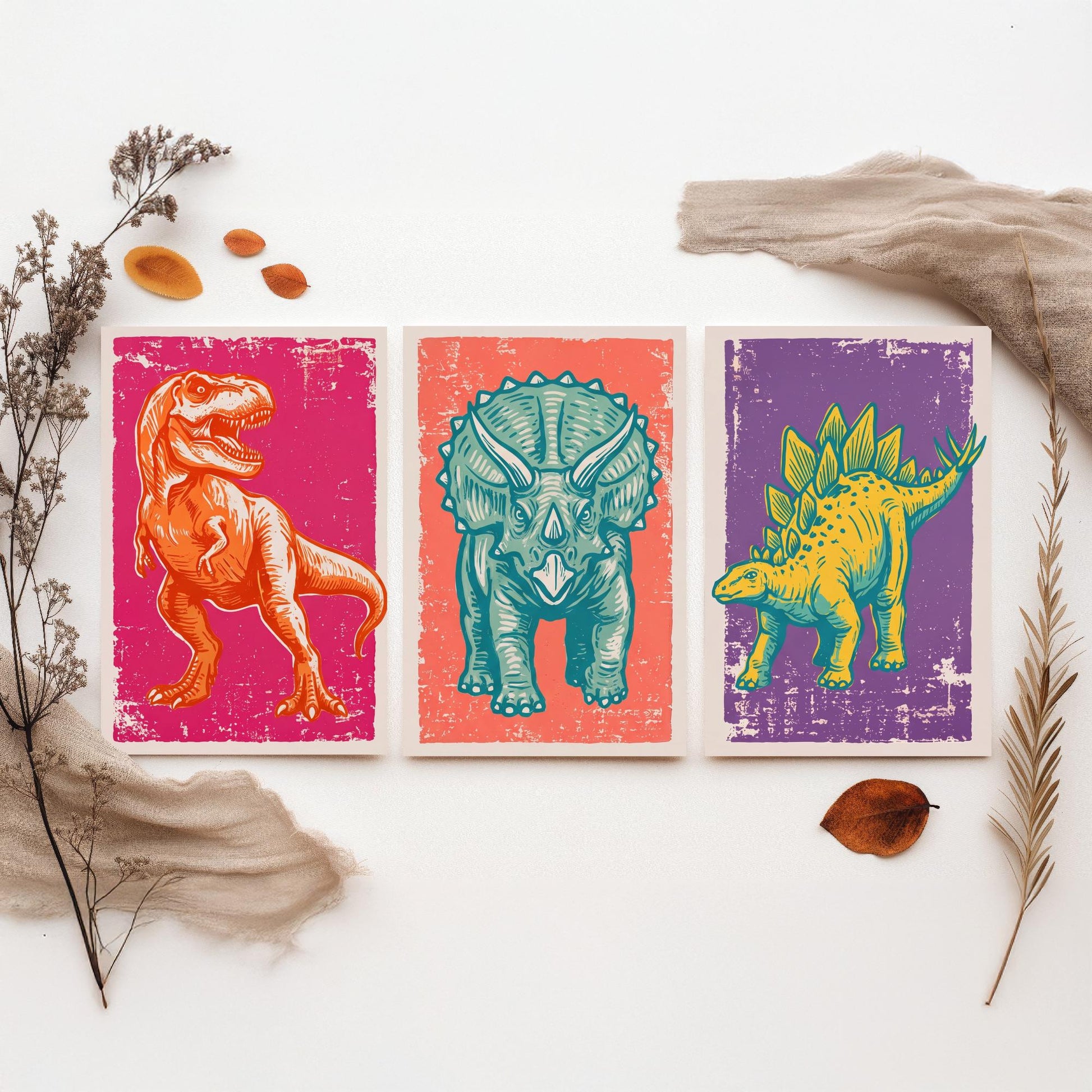 T-Rex, Triceratops & Stegosaurus - Set of Three Dinosaur Art Prints - Linocut Illustrations - Dino Posters V1