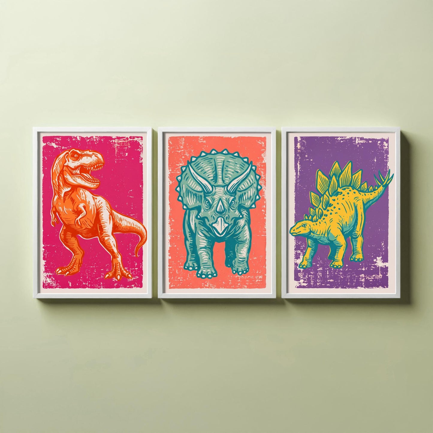 T-Rex, Triceratops & Stegosaurus - Set of Three Dinosaur Art Prints - Linocut Illustrations - Dino Posters V1