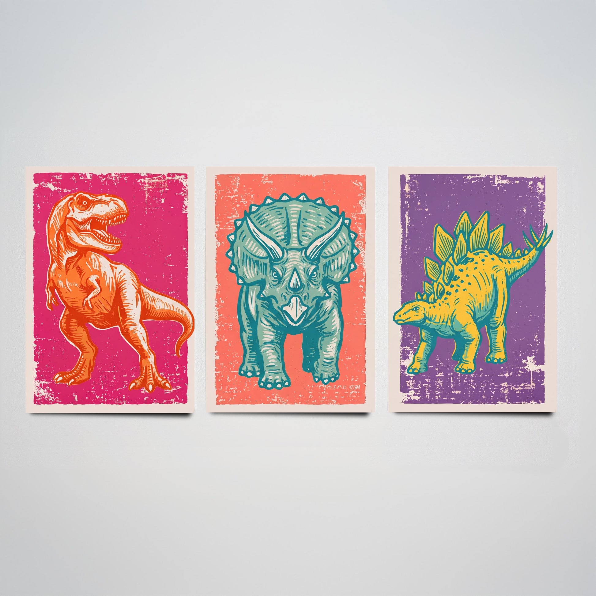 T-Rex, Triceratops & Stegosaurus - Set of Three Dinosaur Art Prints - Linocut Illustrations - Dino Posters V1