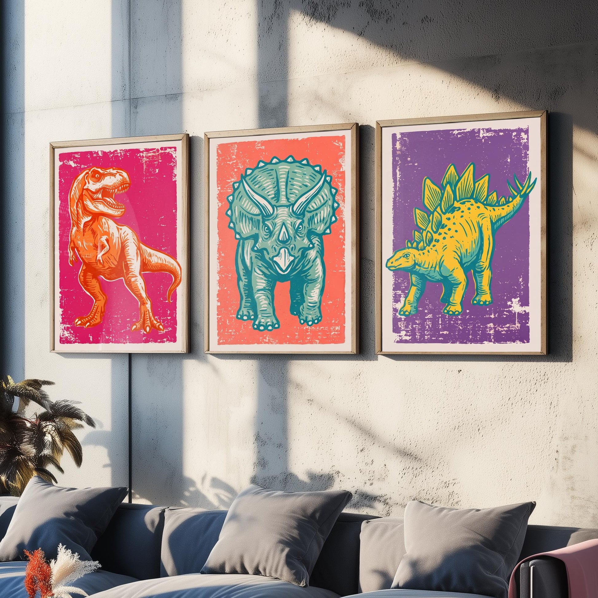 T-Rex, Triceratops & Stegosaurus - Set of Three Dinosaur Art Prints - Linocut Illustrations - Dino Posters V1