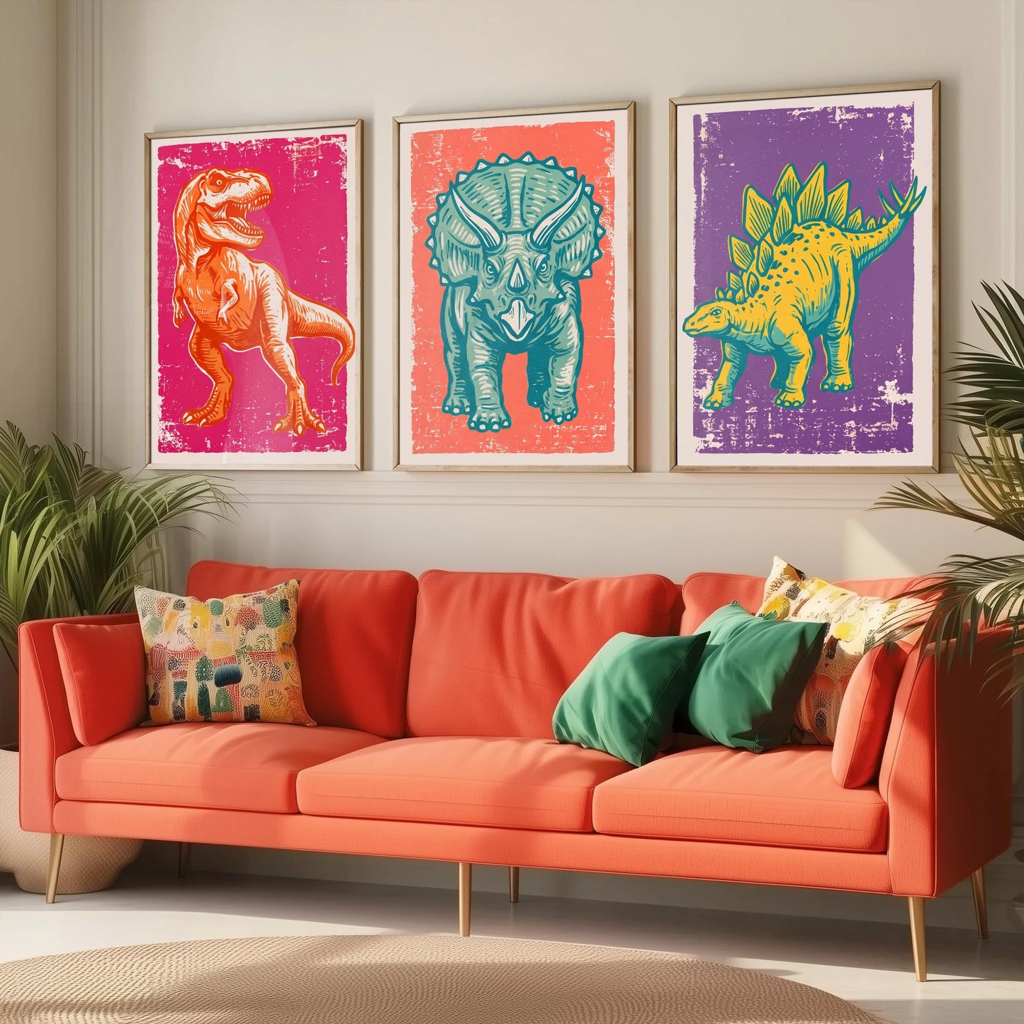 T-Rex, Triceratops & Stegosaurus - Set of Three Dinosaur Art Prints - Linocut Illustrations - Dino Posters V1