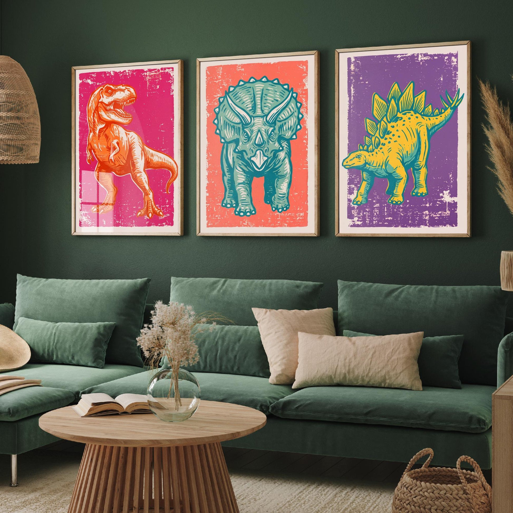 T-Rex, Triceratops & Stegosaurus - Set of Three Dinosaur Art Prints - Linocut Illustrations - Dino Posters V1