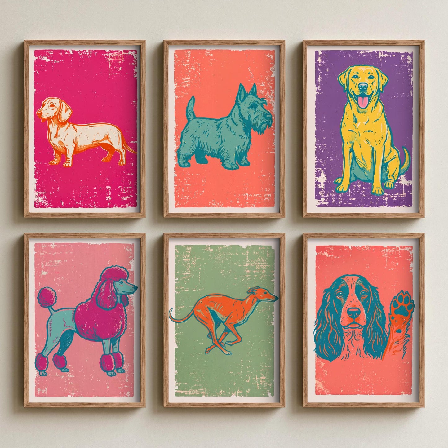Set of Six Dogs Art Prints - 6 Linocut Illustrations - Dachshund, Scottie, Labrador, Poodle, Greyhound, Spaniel - Dog Breed Posters