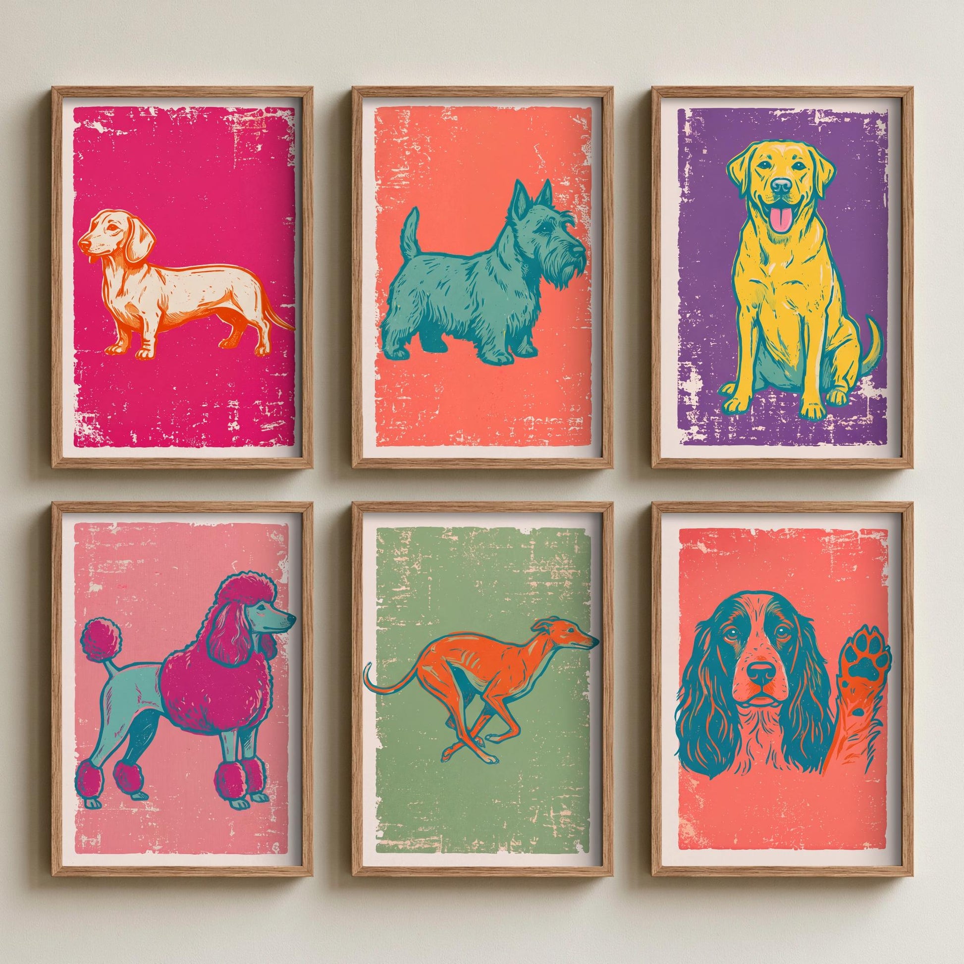 Set of Six Dogs Art Prints - 6 Linocut Illustrations - Dachshund, Scottie, Labrador, Poodle, Greyhound, Spaniel - Dog Breed Posters
