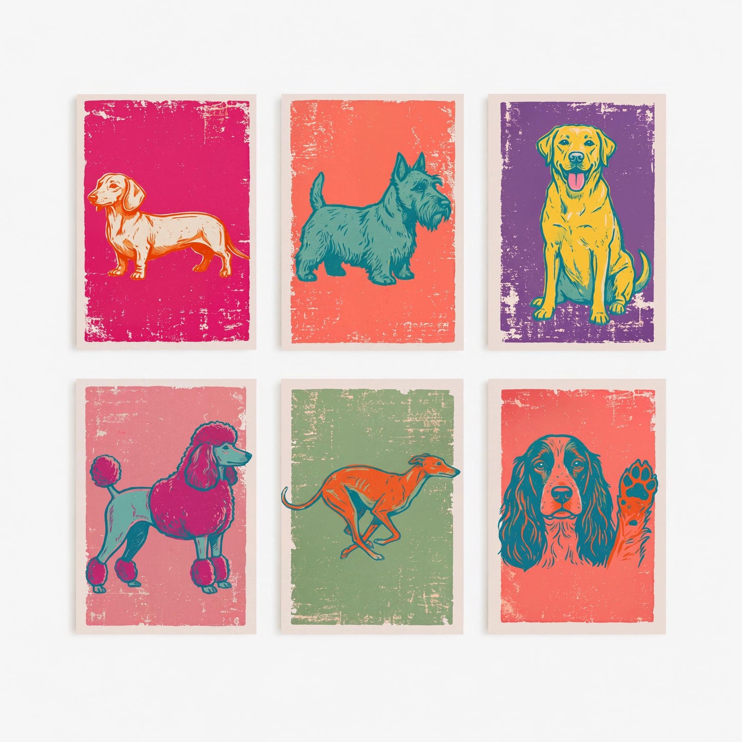 Set of Six Dogs Art Prints - 6 Linocut Illustrations - Dachshund, Scottie, Labrador, Poodle, Greyhound, Spaniel - Dog Breed Posters