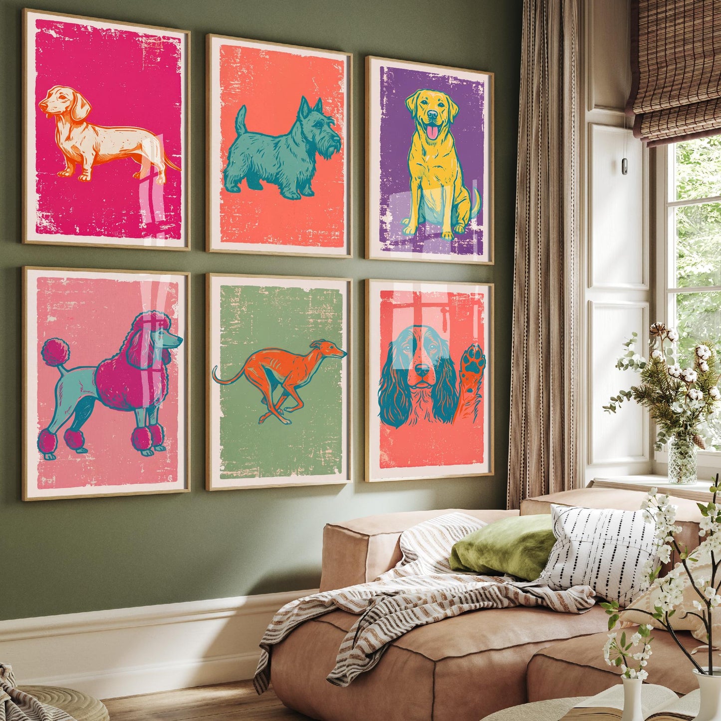Set of Six Dogs Art Prints - 6 Linocut Illustrations - Dachshund, Scottie, Labrador, Poodle, Greyhound, Spaniel - Dog Breed Posters