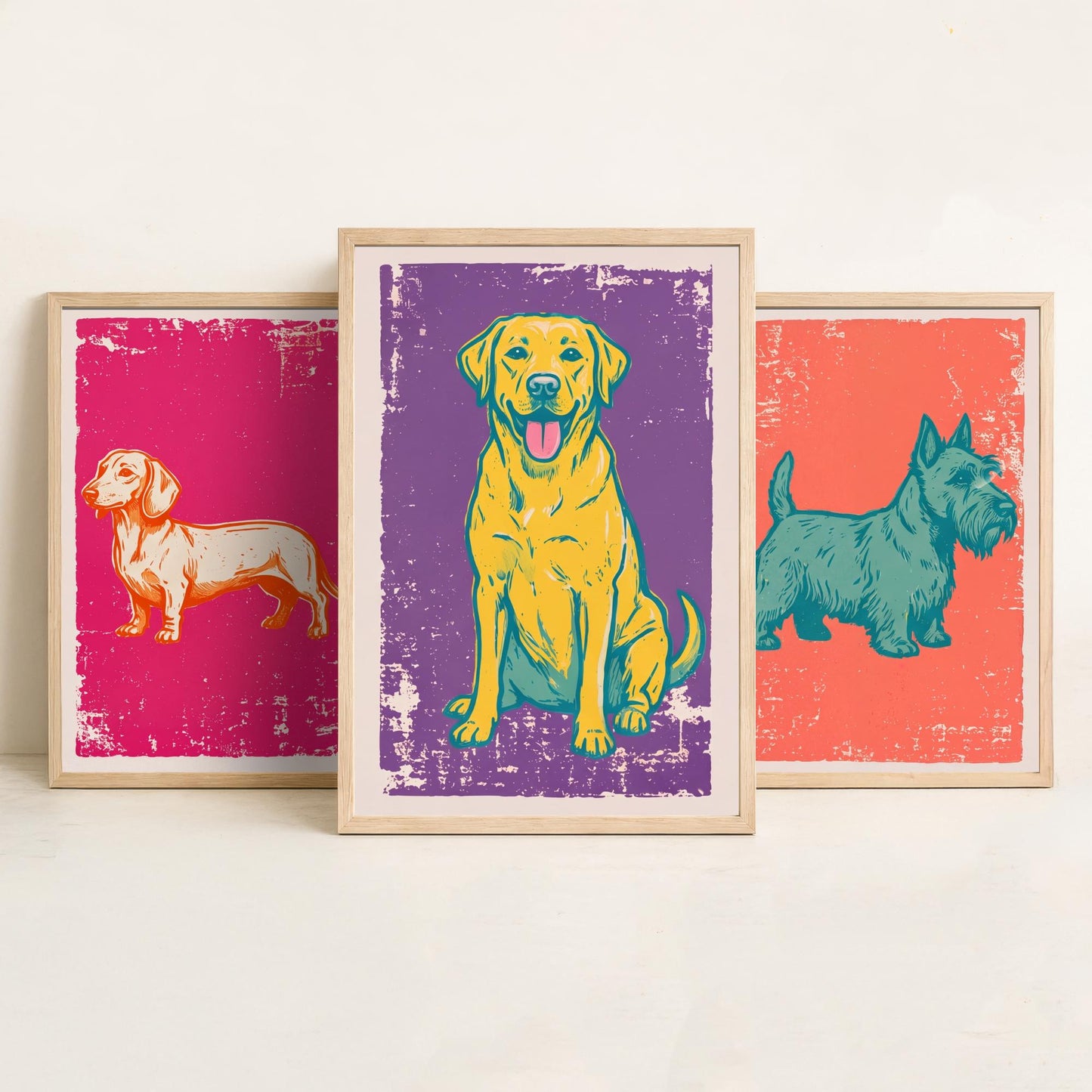 Dachshund, Scottie and Labrador - Set of Three Dog Art Prints - Linocut Illustrations - Dog Breed Posters V1