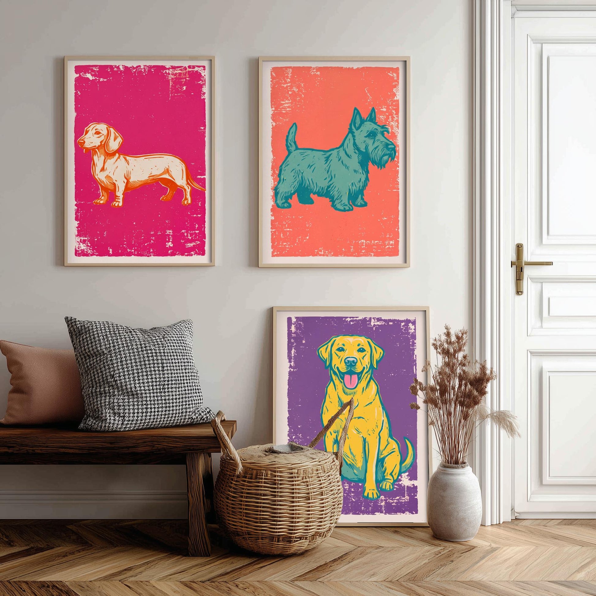 Dachshund, Scottie and Labrador - Set of Three Dog Art Prints - Linocut Illustrations - Dog Breed Posters V1