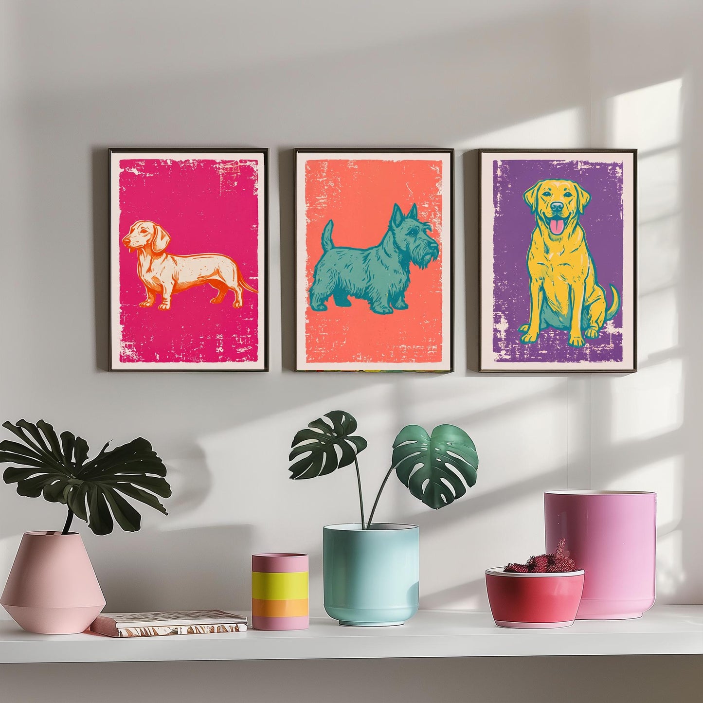 Dachshund, Scottie and Labrador - Set of Three Dog Art Prints - Linocut Illustrations - Dog Breed Posters V1