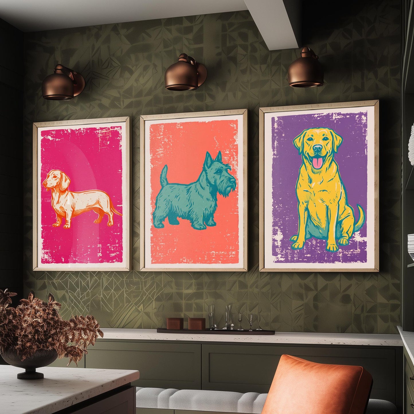 Dachshund, Scottie and Labrador - Set of Three Dog Art Prints - Linocut Illustrations - Dog Breed Posters V1