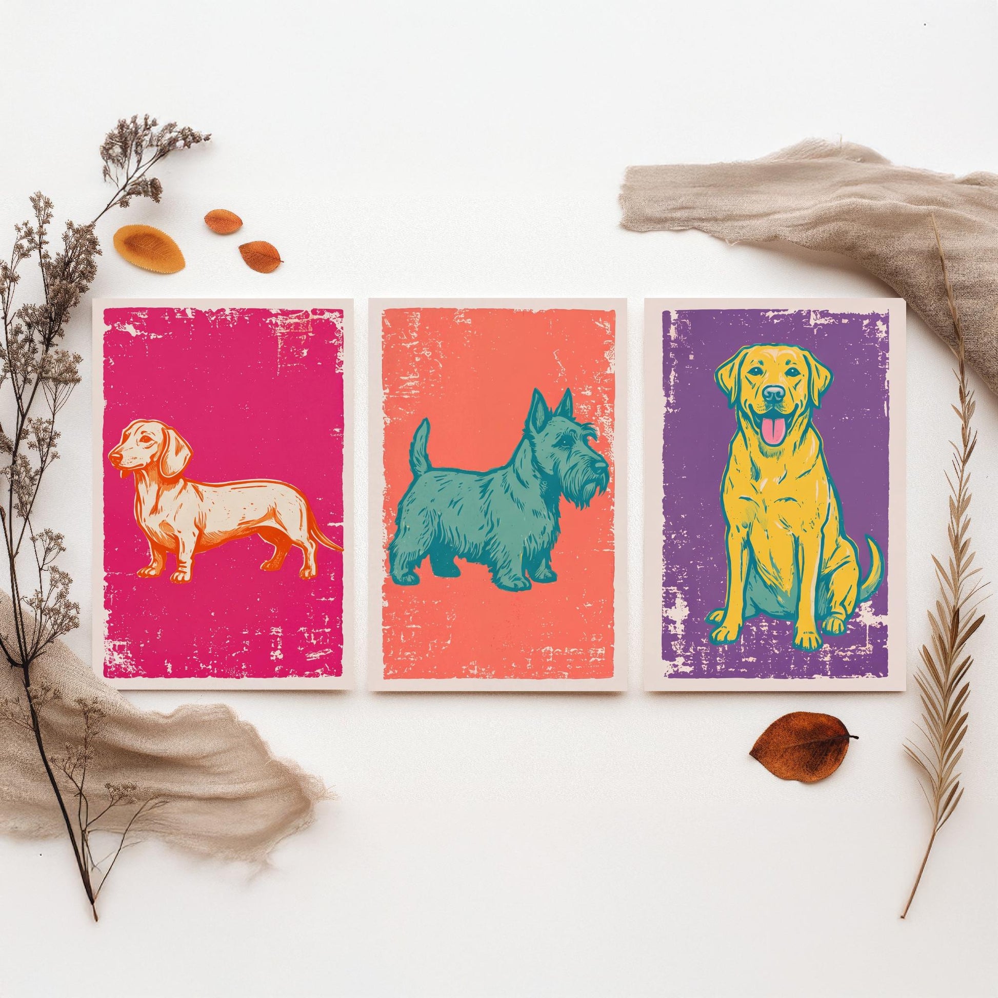 Dachshund, Scottie and Labrador - Set of Three Dog Art Prints - Linocut Illustrations - Dog Breed Posters V1