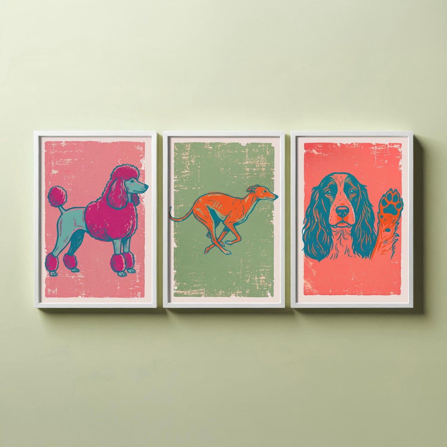 Poodle, Greyhound and Spaniel - Set of Three Dog Art Prints - Linocut Illustrations - Dog Breed Posters V2