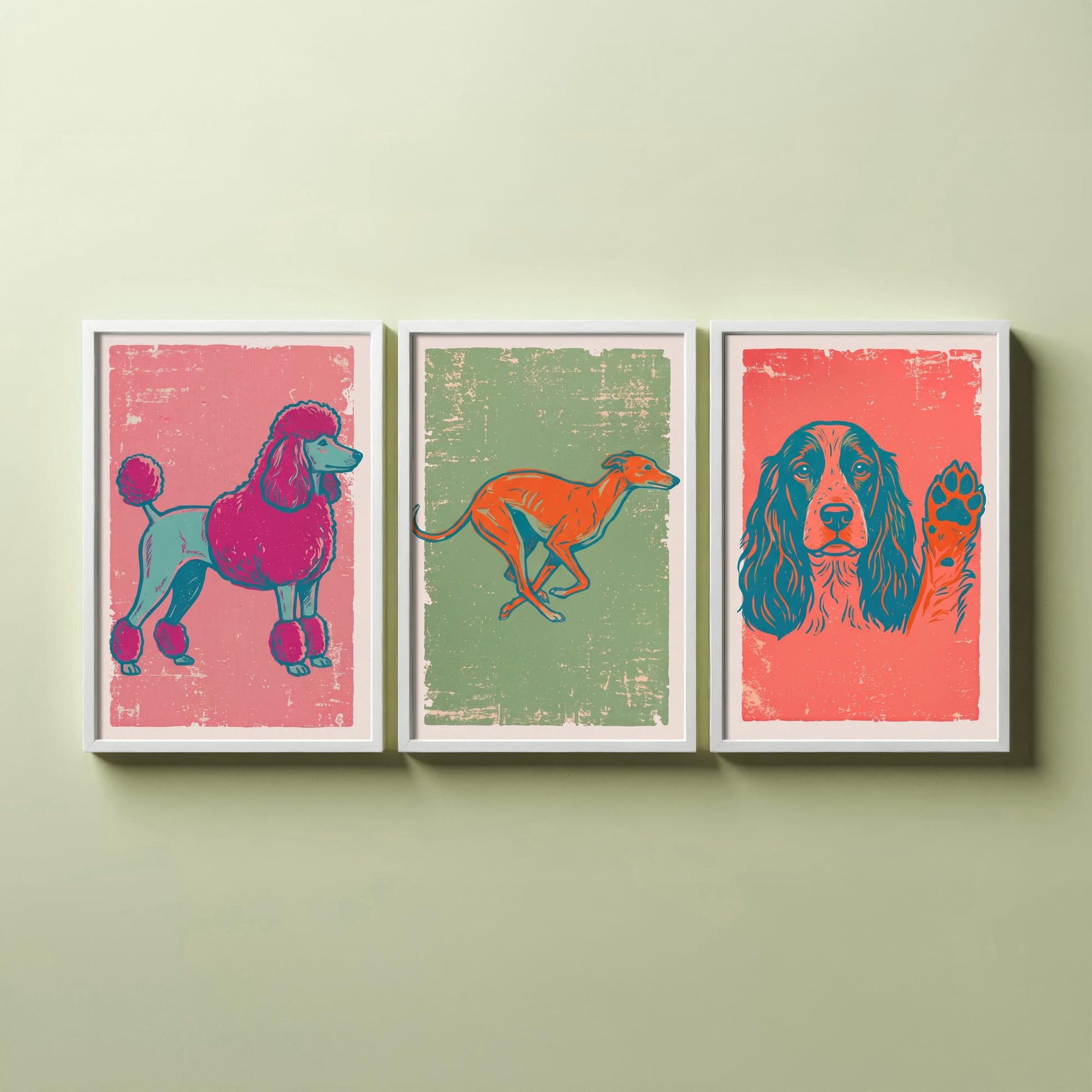Poodle, Greyhound and Spaniel - Set of Three Dog Art Prints - Linocut Illustrations - Dog Breed Posters V2