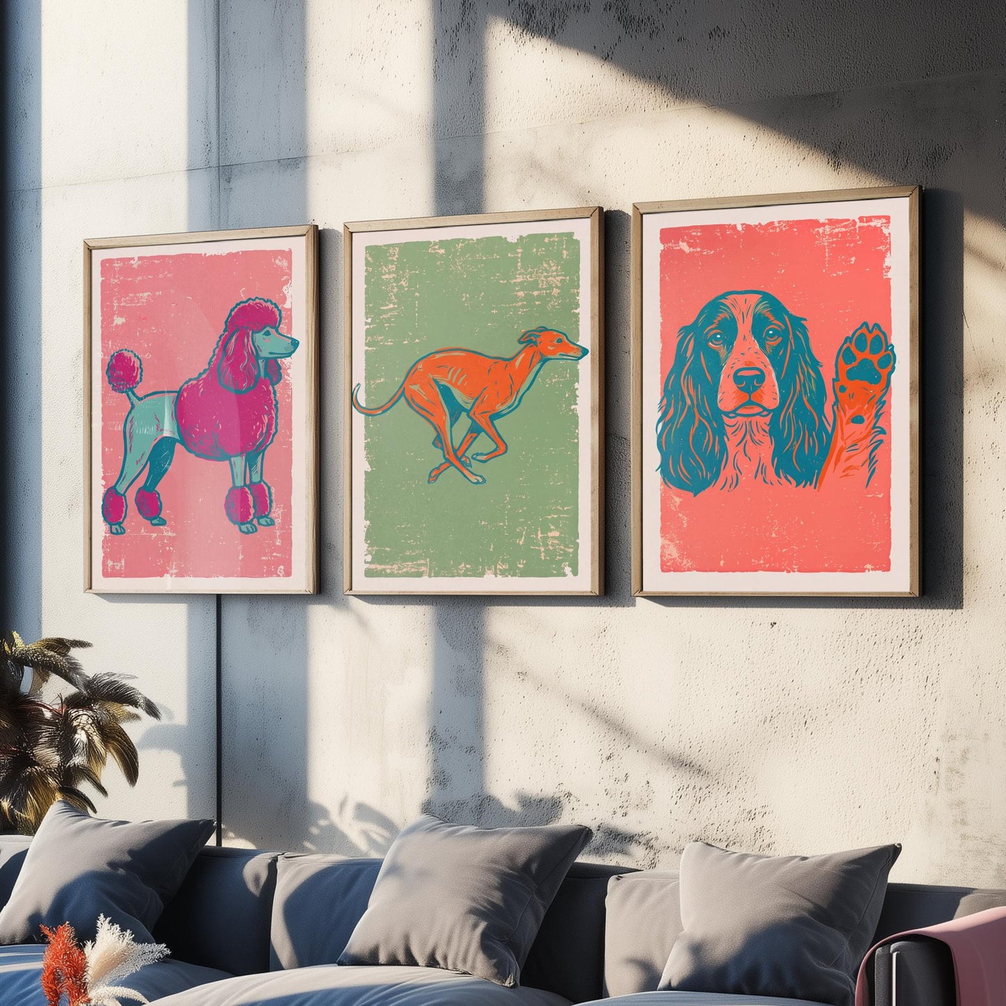 Poodle, Greyhound and Spaniel - Set of Three Dog Art Prints - Linocut Illustrations - Dog Breed Posters V2