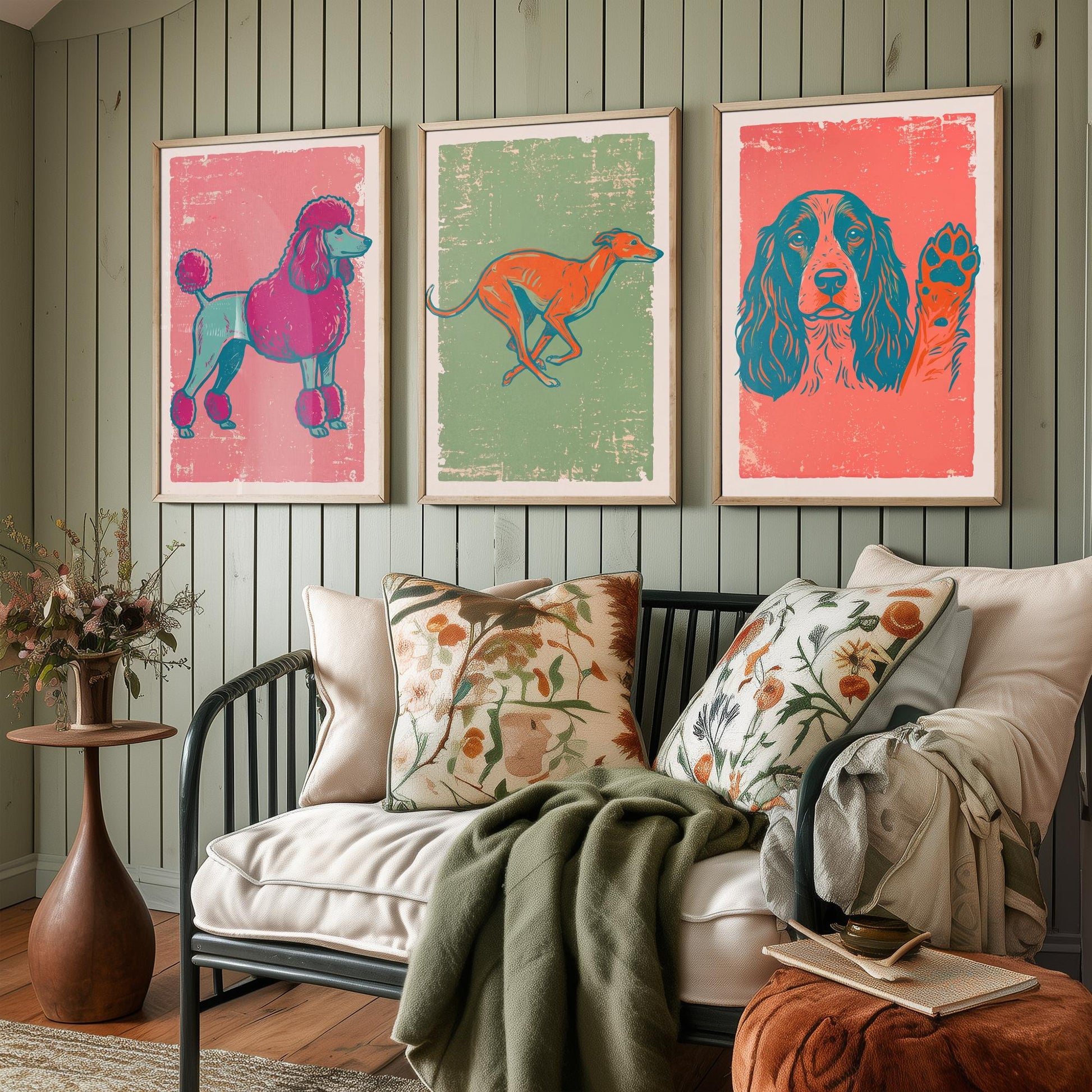 Poodle, Greyhound and Spaniel - Set of Three Dog Art Prints - Linocut Illustrations - Dog Breed Posters V2