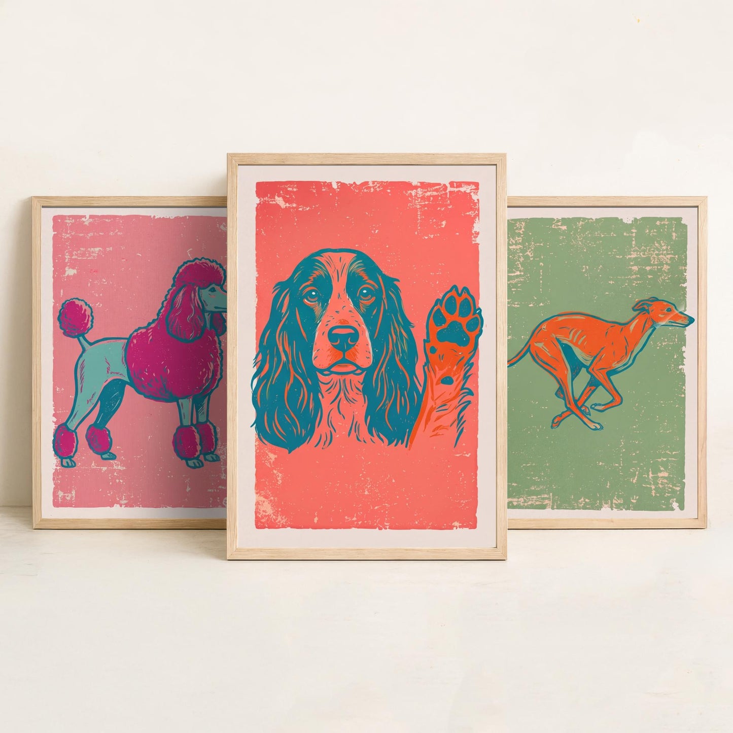 Poodle, Greyhound and Spaniel - Set of Three Dog Art Prints - Linocut Illustrations - Dog Breed Posters V2