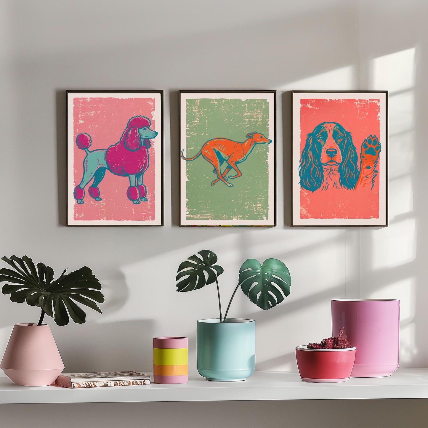 Poodle, Greyhound and Spaniel - Set of Three Dog Art Prints - Linocut Illustrations - Dog Breed Posters V2