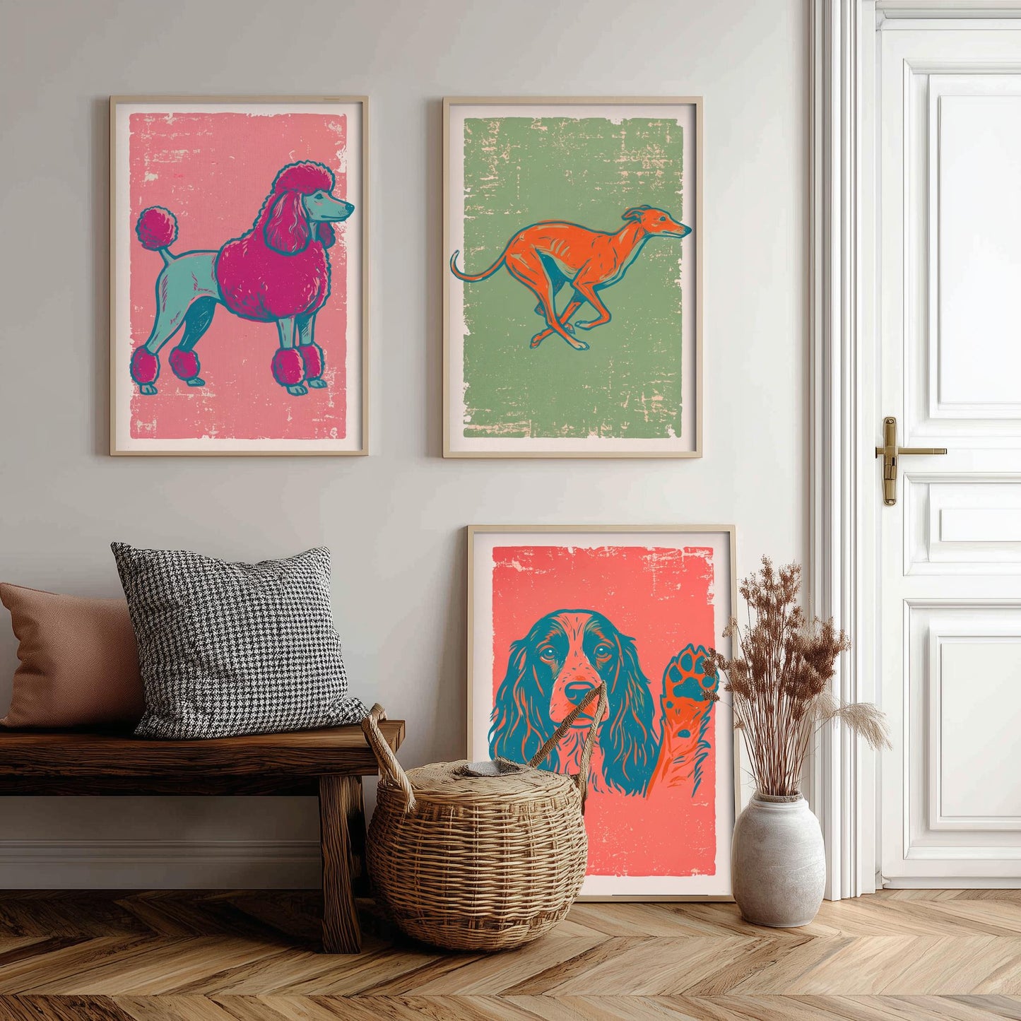 Poodle, Greyhound and Spaniel - Set of Three Dog Art Prints - Linocut Illustrations - Dog Breed Posters V2