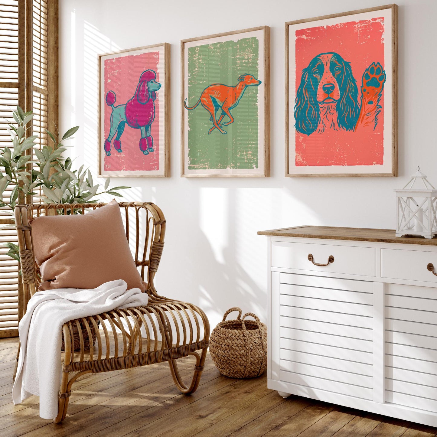Poodle, Greyhound and Spaniel - Set of Three Dog Art Prints - Linocut Illustrations - Dog Breed Posters V2