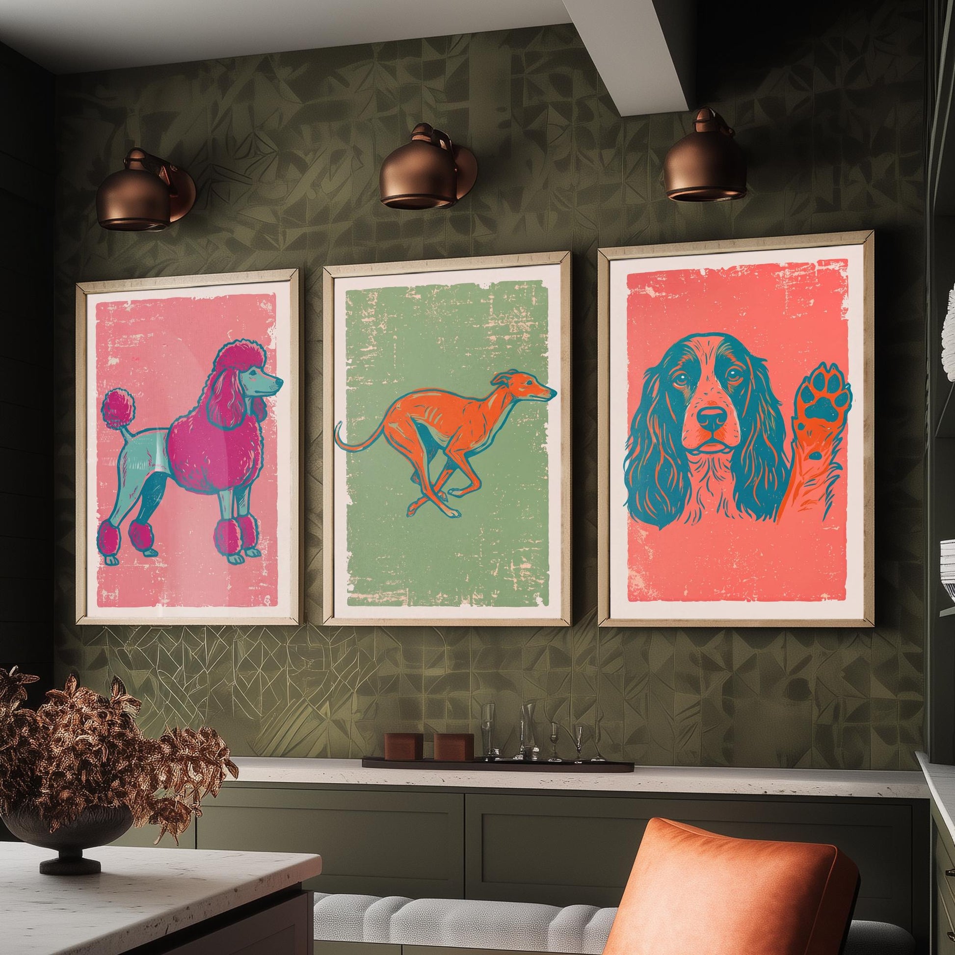 Poodle, Greyhound and Spaniel - Set of Three Dog Art Prints - Linocut Illustrations - Dog Breed Posters V2