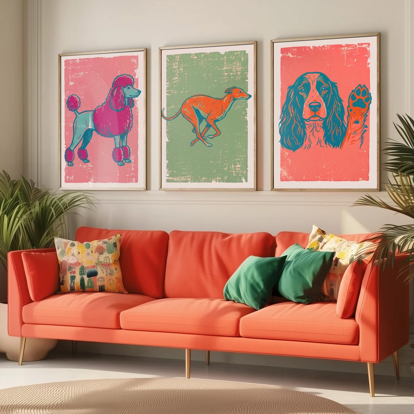 Poodle, Greyhound and Spaniel - Set of Three Dog Art Prints - Linocut Illustrations - Dog Breed Posters V2