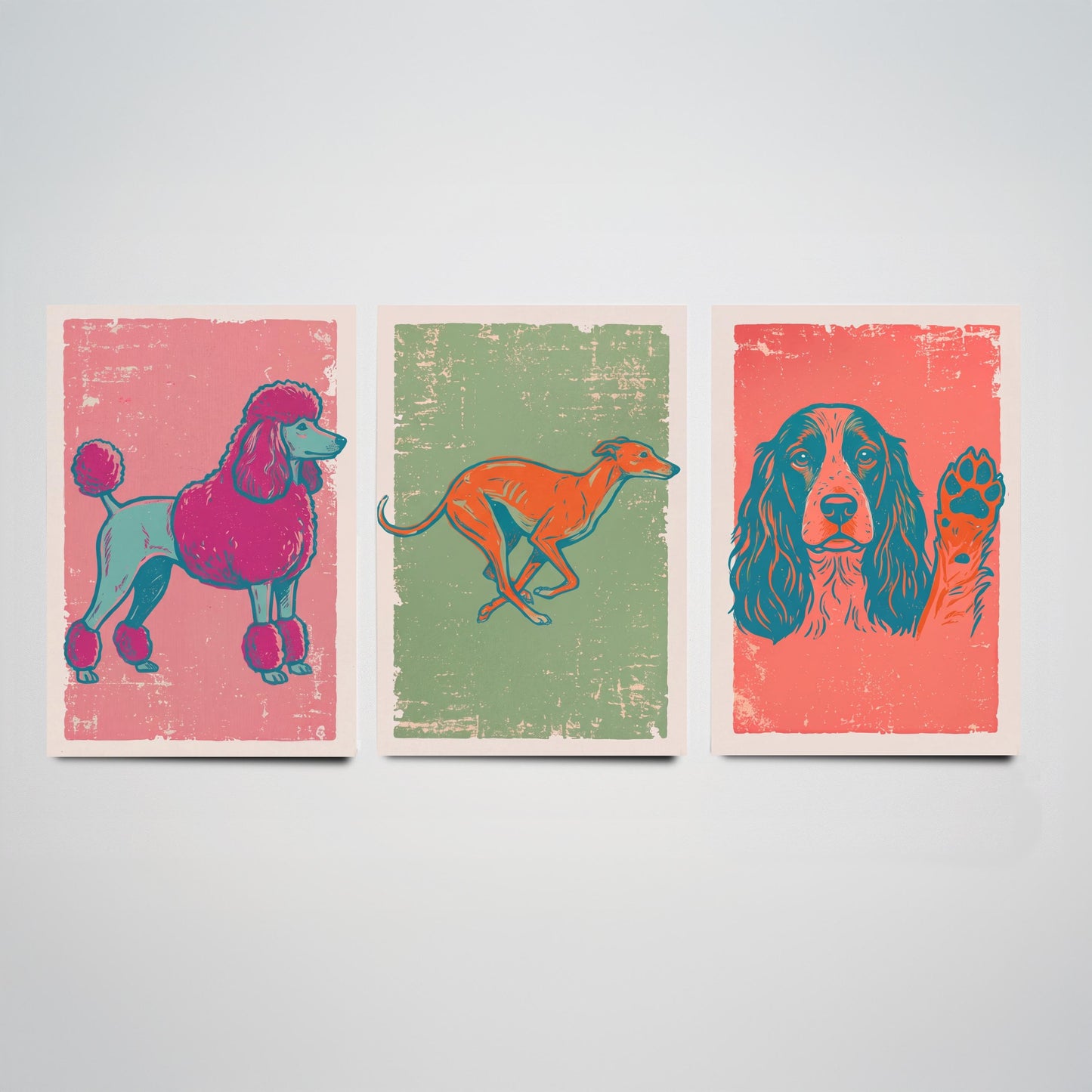 Poodle, Greyhound and Spaniel - Set of Three Dog Art Prints - Linocut Illustrations - Dog Breed Posters V2