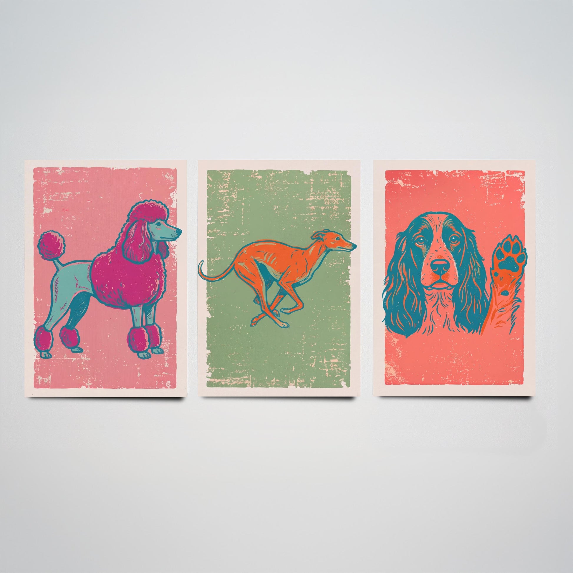 Poodle, Greyhound and Spaniel - Set of Three Dog Art Prints - Linocut Illustrations - Dog Breed Posters V2