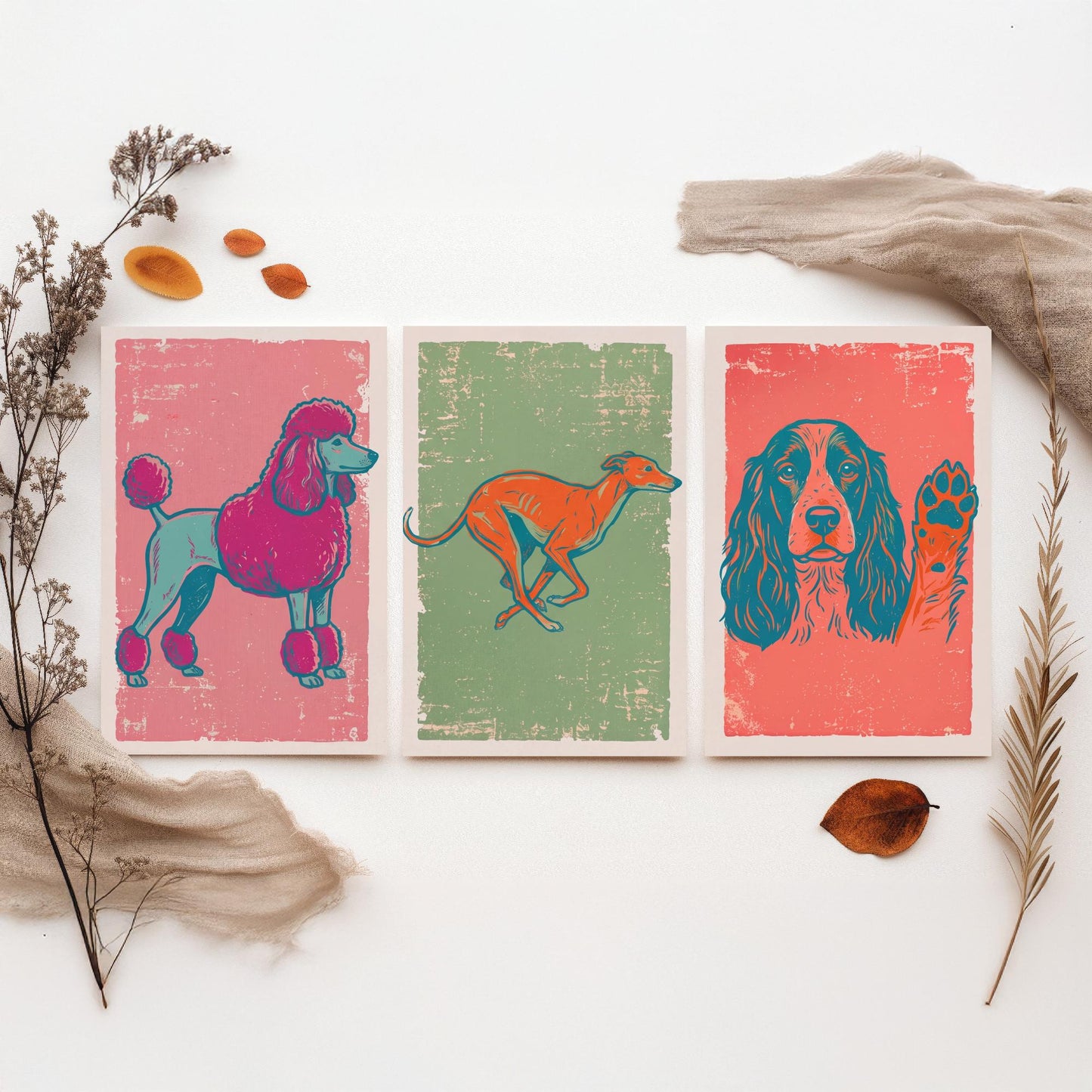 Poodle, Greyhound and Spaniel - Set of Three Dog Art Prints - Linocut Illustrations - Dog Breed Posters V2