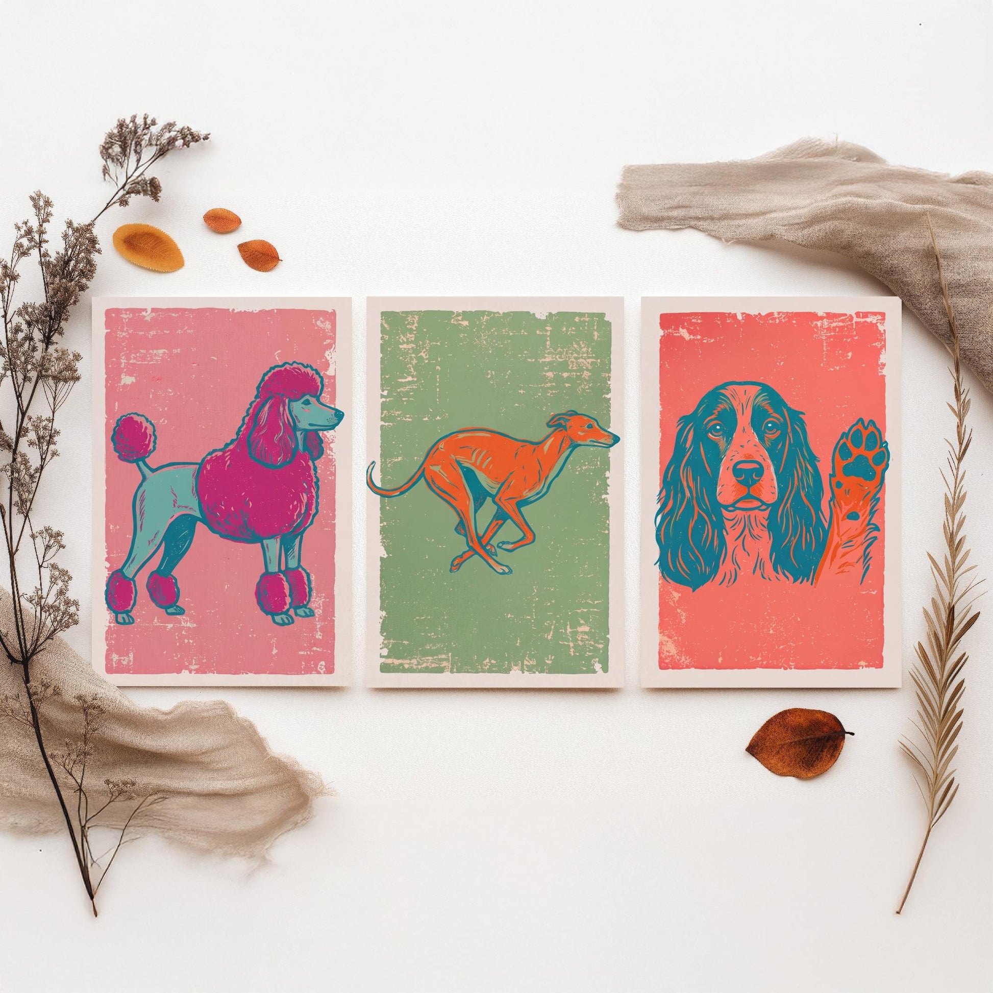 Poodle, Greyhound and Spaniel - Set of Three Dog Art Prints - Linocut Illustrations - Dog Breed Posters V2