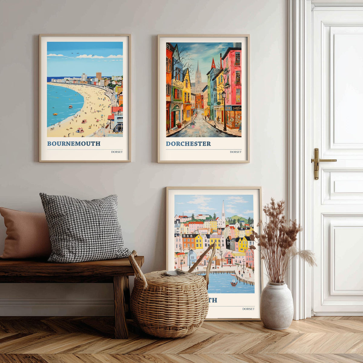 Dorset Set of Three Prints | Bournemouth Dorchester Weymouth | Vibrant Folk Art Travel Coastal Painting Wall Poster