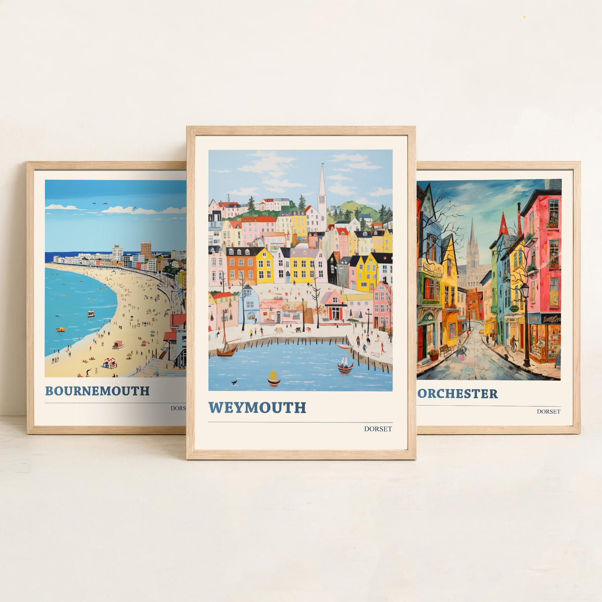Dorset Set of Three Prints | Bournemouth Dorchester Weymouth | Vibrant Folk Art Travel Coastal Painting Wall Poster