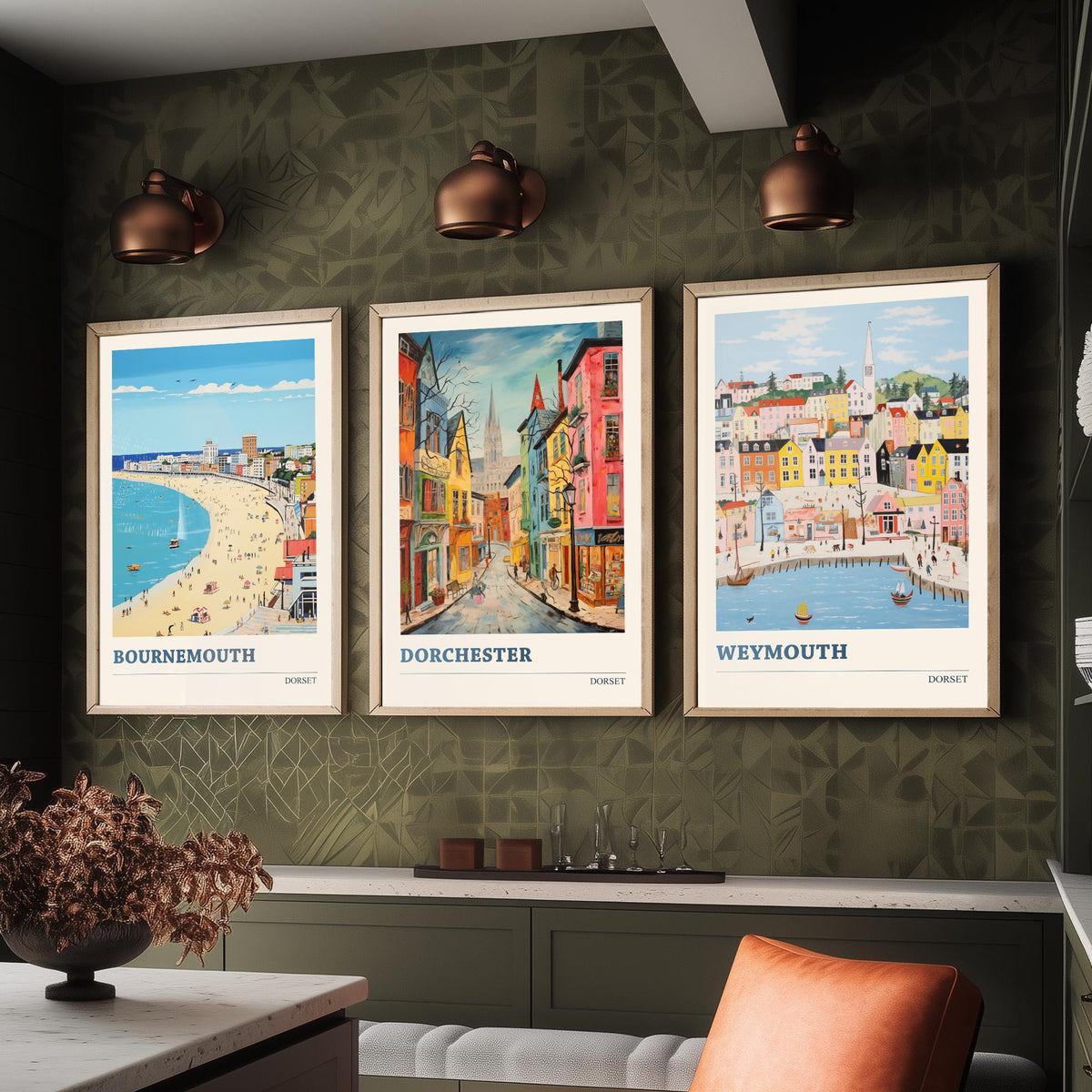 Dorset Set of Three Prints | Bournemouth Dorchester Weymouth | Vibrant Folk Art Travel Coastal Painting Wall Poster