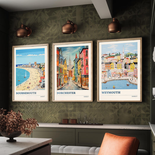 Dorset Set of Three Prints | Bournemouth Dorchester Weymouth | Vibrant Folk Art Travel Coastal Painting Wall Poster