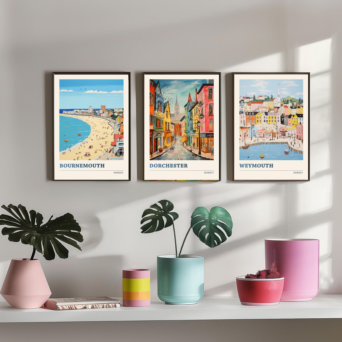 Dorset Set of Three Prints | Bournemouth Dorchester Weymouth | Vibrant Folk Art Travel Coastal Painting Wall Poster