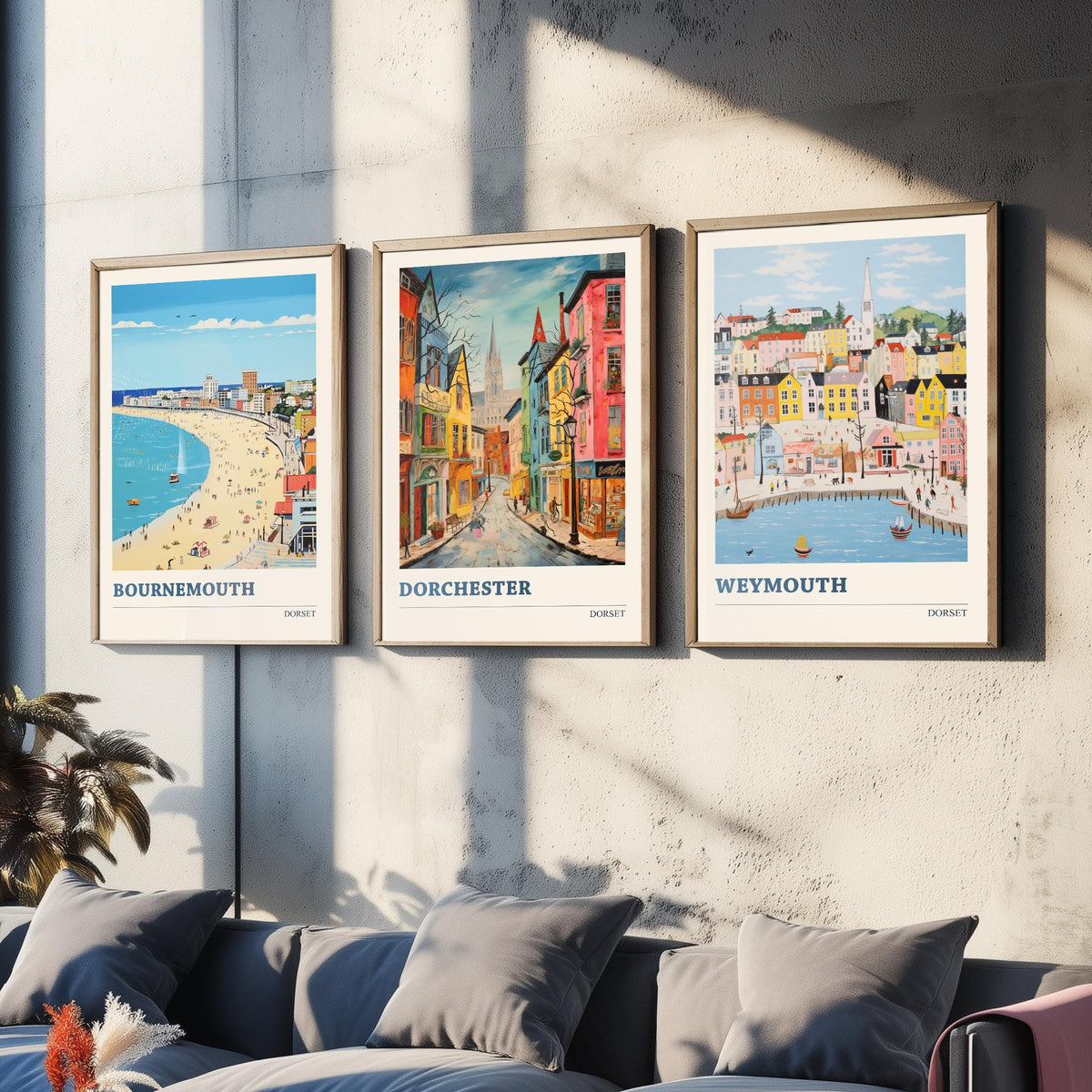 Dorset Set of Three Prints | Bournemouth Dorchester Weymouth | Vibrant Folk Art Travel Coastal Painting Wall Poster