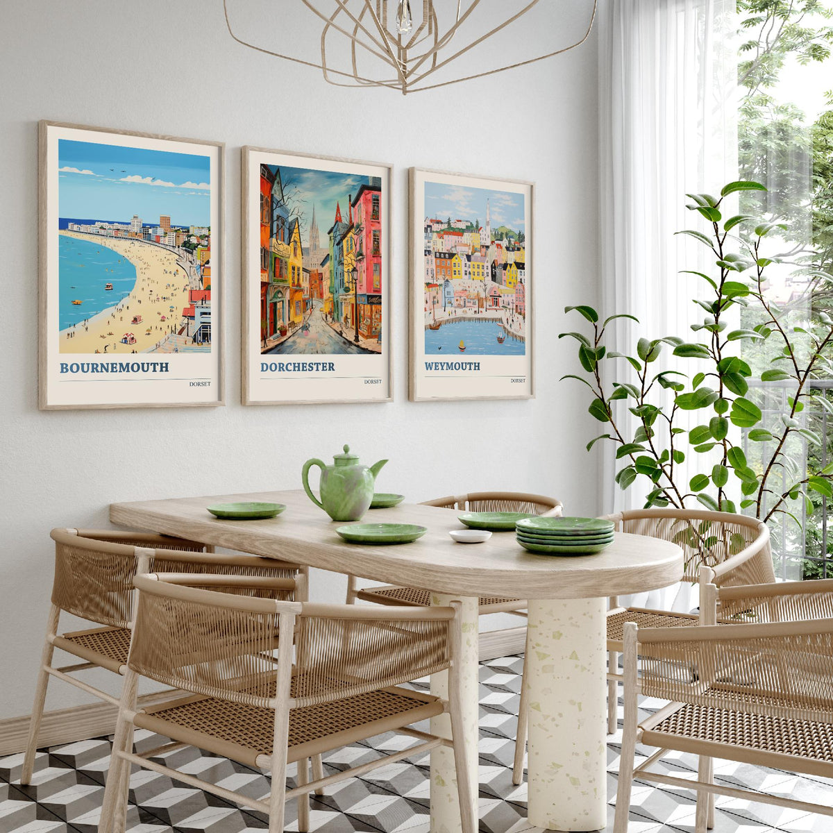 Dorset Set of Three Prints | Bournemouth Dorchester Weymouth | Vibrant Folk Art Travel Coastal Painting Wall Poster