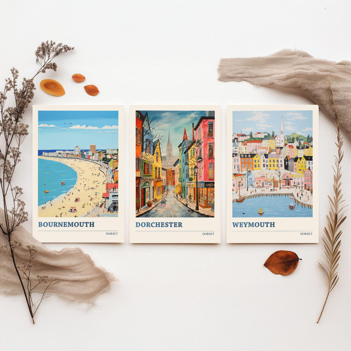 Dorset Set of Three Prints | Bournemouth Dorchester Weymouth | Vibrant Folk Art Travel Coastal Painting Wall Poster