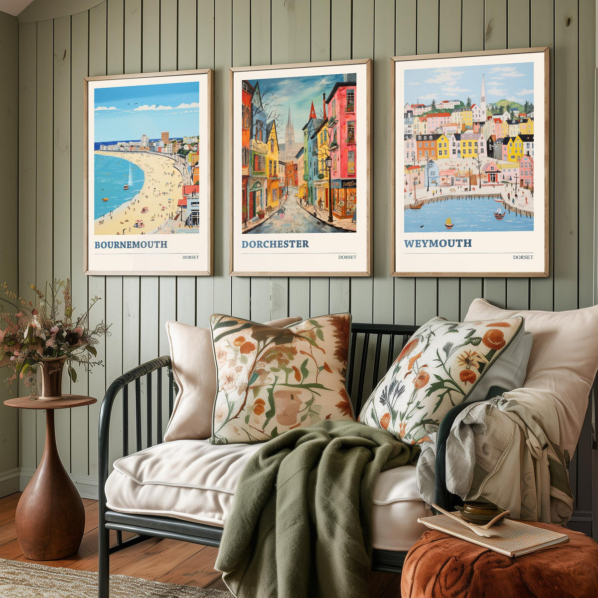 Dorset Set of Three Prints | Bournemouth Dorchester Weymouth | Vibrant Folk Art Travel Coastal Painting Wall Poster