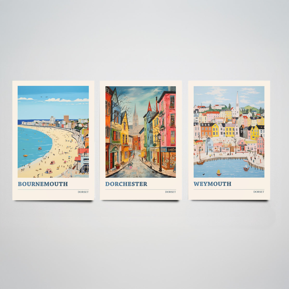 Dorset Set of Three Prints | Bournemouth Dorchester Weymouth | Vibrant Folk Art Travel Coastal Painting Wall Poster