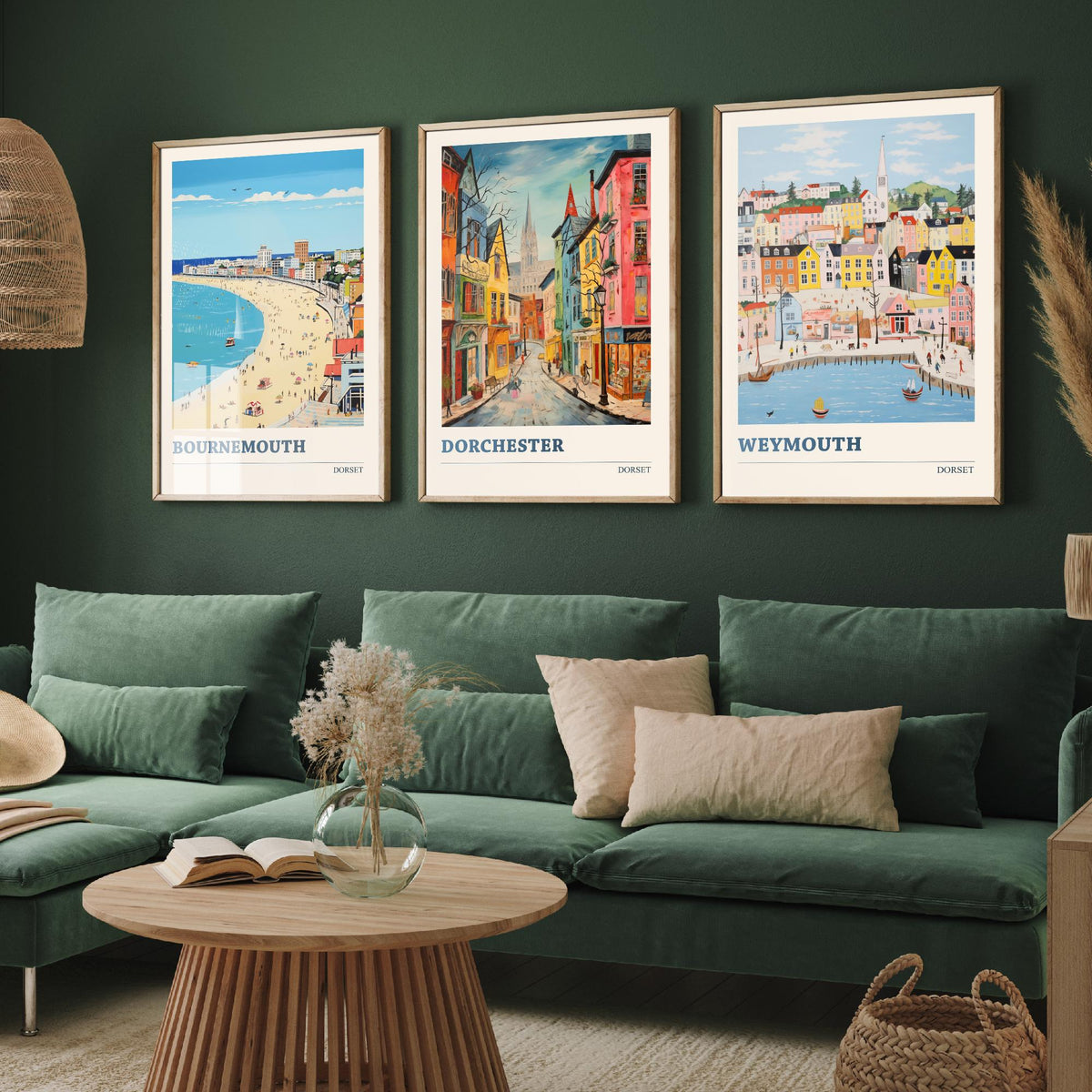 Dorset Set of Three Prints | Bournemouth Dorchester Weymouth | Vibrant Folk Art Travel Coastal Painting Wall Poster