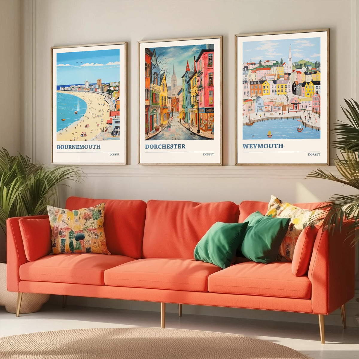 Dorset Set of Three Prints | Bournemouth Dorchester Weymouth | Vibrant Folk Art Travel Coastal Painting Wall Poster