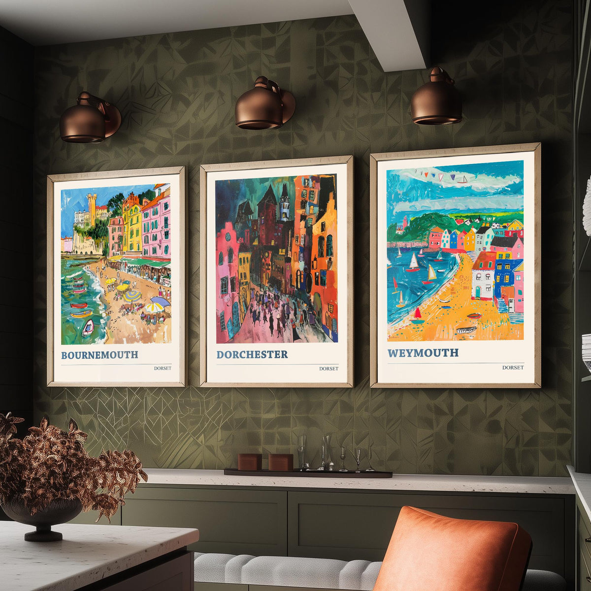Dorset Set of Three Prints V2 | Bournemouth Dorchester Weymouth | Bold Expressive Coastal Travel Painting Wall Poster