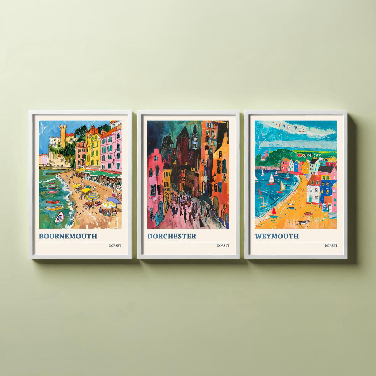 Dorset Set of Three Prints V2 | Bournemouth Dorchester Weymouth | Bold Expressive Coastal Travel Painting Wall Poster
