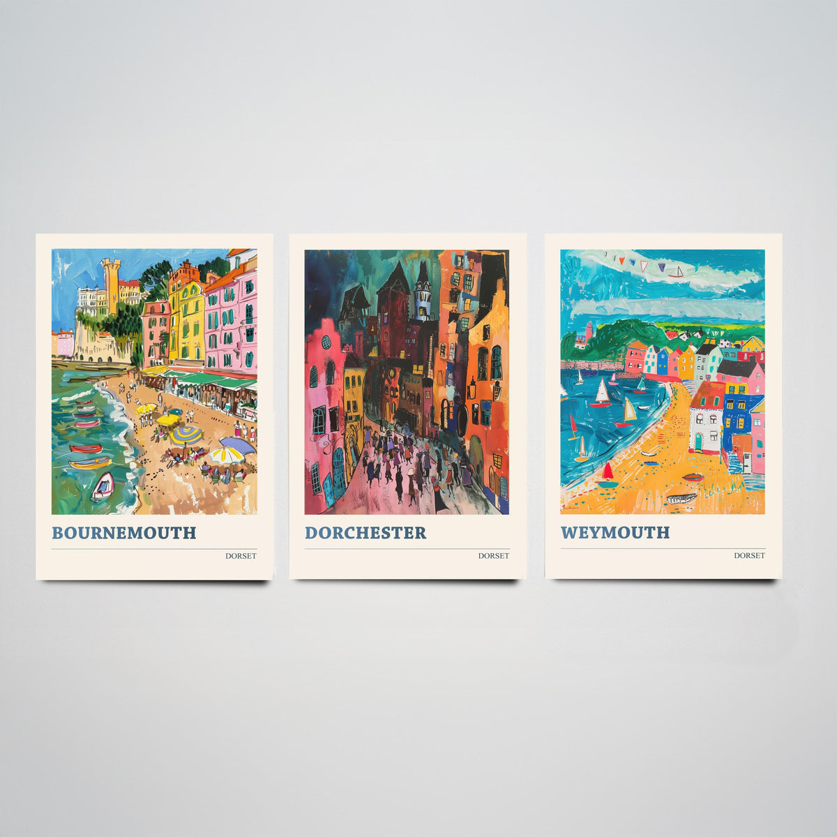 Dorset Set of Three Prints V2 | Bournemouth Dorchester Weymouth | Bold Expressive Coastal Travel Painting Wall Poster
