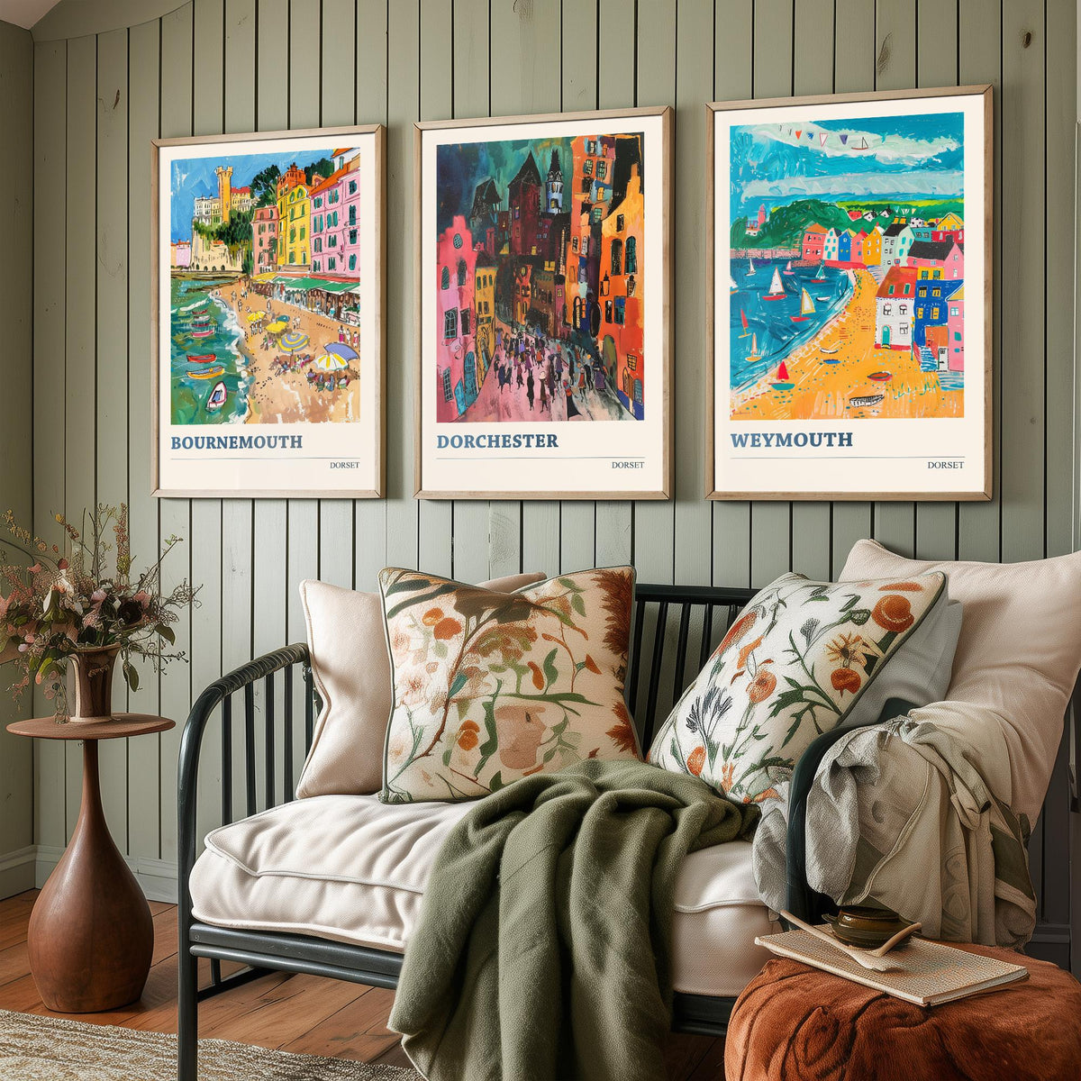 Dorset Set of Three Prints V2 | Bournemouth Dorchester Weymouth | Bold Expressive Coastal Travel Painting Wall Poster