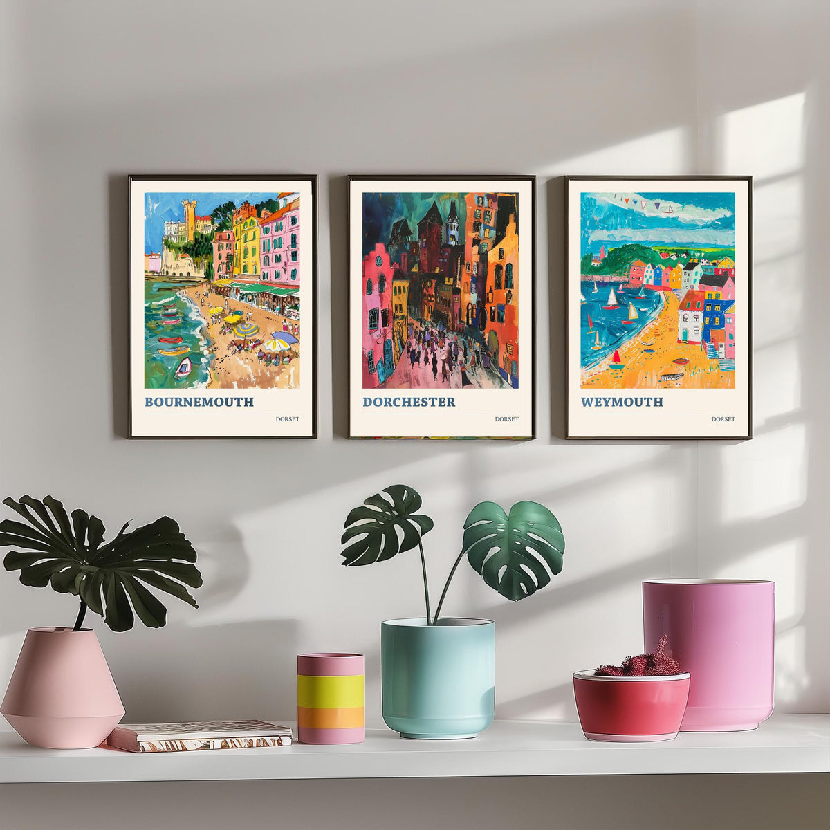 Dorset Set of Three Prints V2 | Bournemouth Dorchester Weymouth | Bold Expressive Coastal Travel Painting Wall Poster