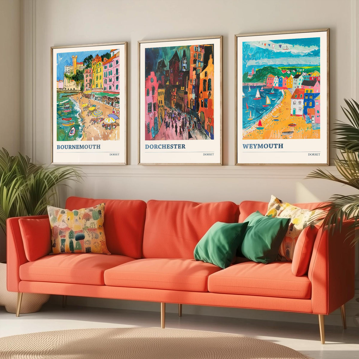 Dorset Set of Three Prints V2 | Bournemouth Dorchester Weymouth | Bold Expressive Coastal Travel Painting Wall Poster